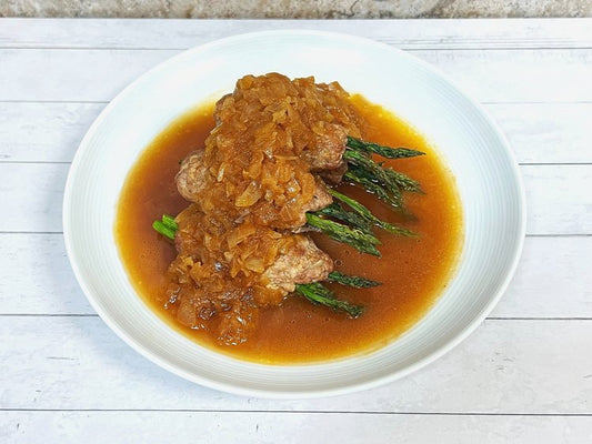 (S)Frozen Beef, Pork and Tofu Meat Patty Wrapped Asparagus Onion Demi-Glace Sauce 5 pcs